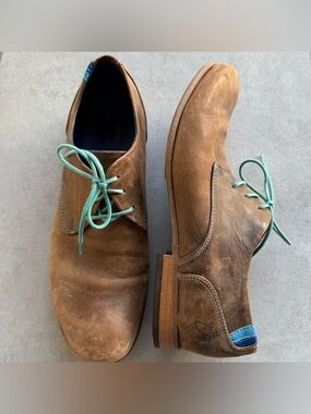 John Fluevog Brown Leather Derby Shoes sZ 10 logo with Mint Laces Oxford